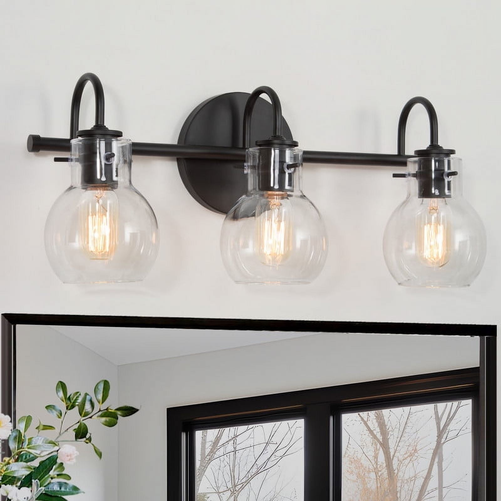 LNC Black 3-Light Bathroom Vanity Light with Clear Globe Shades, Dimmable, 22" W