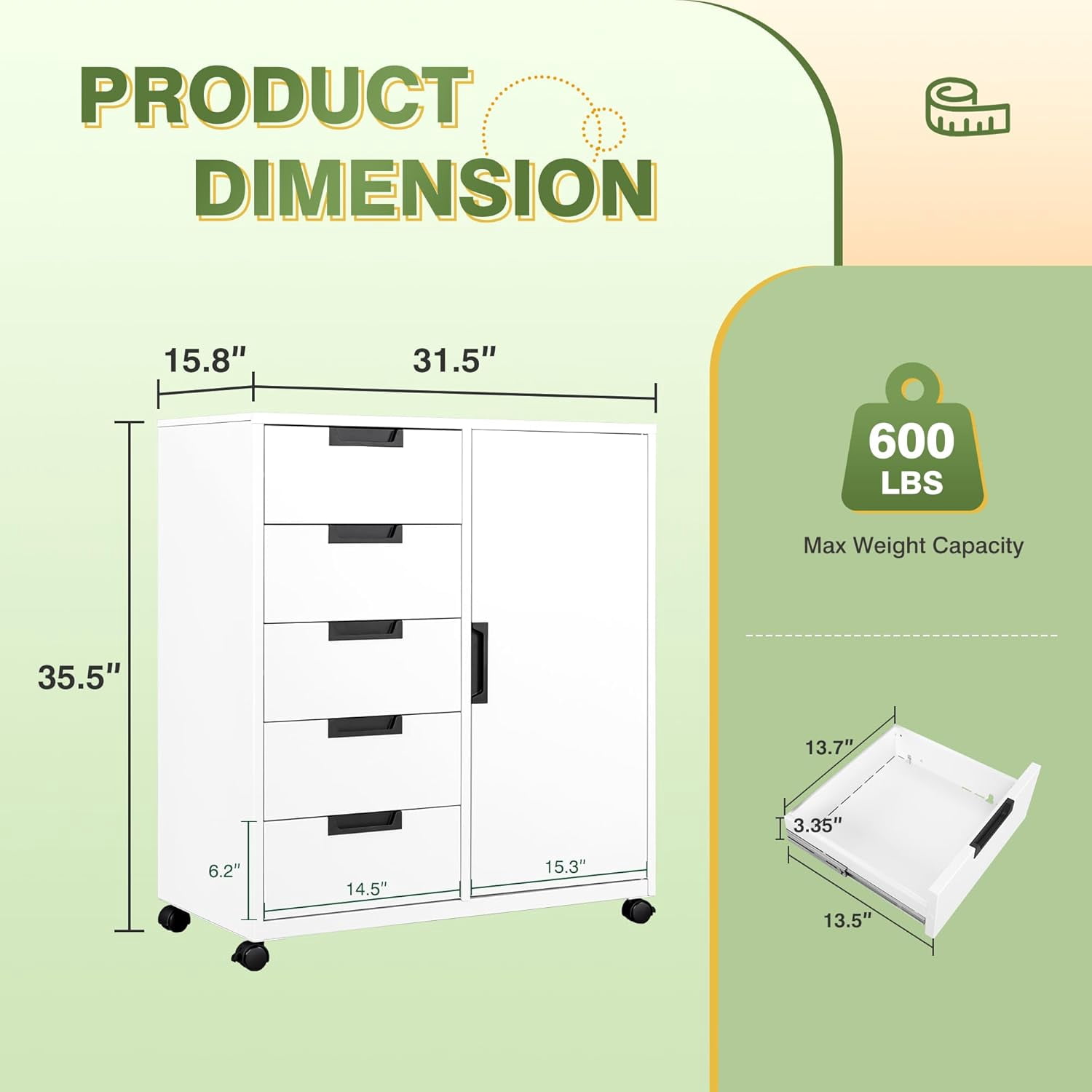 Office Storage Cabinet, 5 Drawer Metal Cabinet w/Universal Wheels, Printer Stand with Storage Shelves, Craft Storage Drawers, Rolling File Cabinets for Home Office (White)