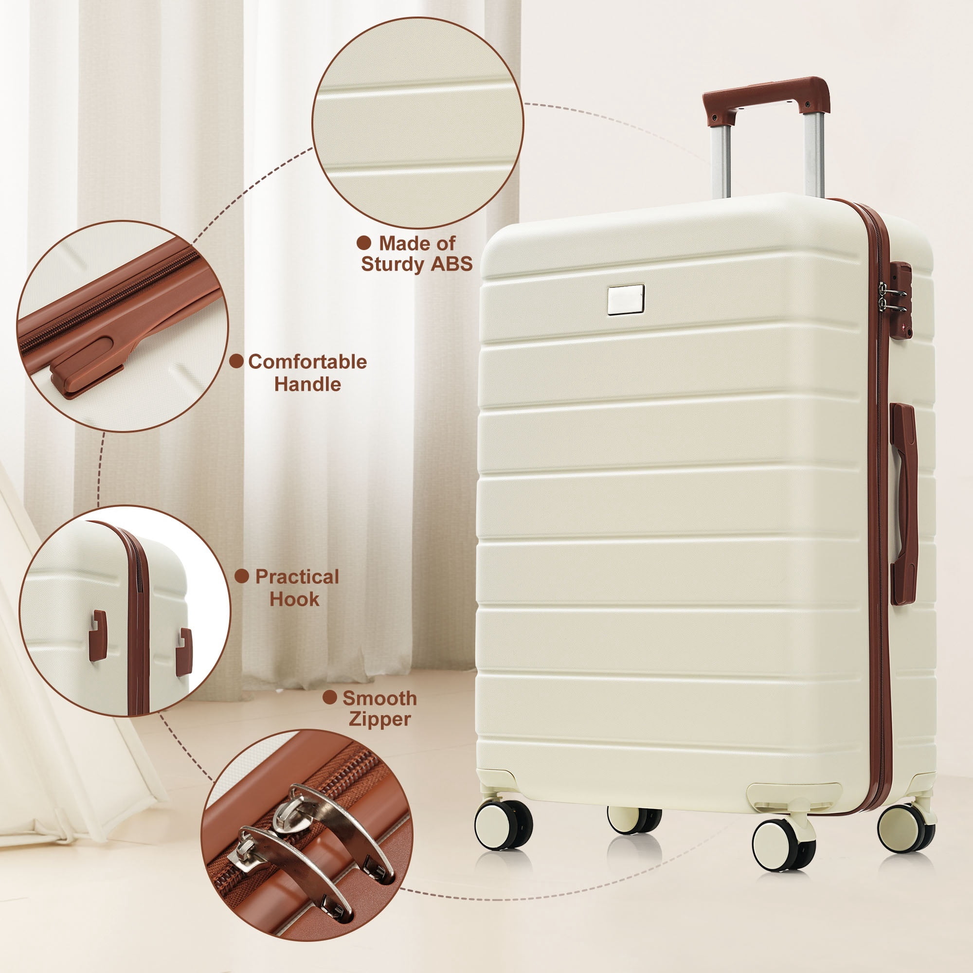 Euroco 6 Piece Hardshell Luggage Sets, Lightweight Suitcase Set with TSA Lock, Spinner Wheels & Expandable Travel Duffel Bag,14/20/24/28 Inch,Ivory