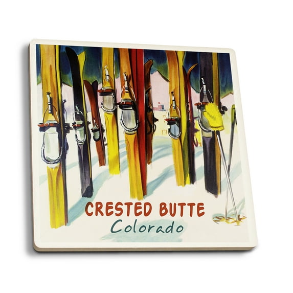 Crested Butte, Colorado, Colorful Skis (Absorbent Ceramic Coasters Set of 4 Matching Images, Cork Back, Kitchen Table Decor)