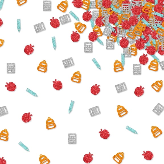 120pcs Back to School Confetti, First Day of School Table Confetti, Red&Orange Glitter Bags Book Pencil Ready Table Scatter, 100 Days of School Celebration Party Decoration