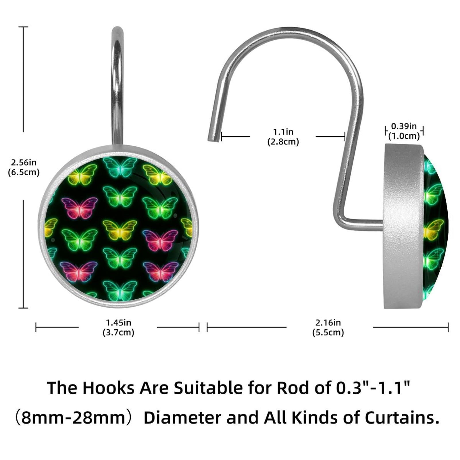 12pcs Decorative Shower Curtain Hooks, Rust Resistant Shower Rings for Bathroom Living Room,Rustproof Stainless Steel Rings for Shower Curtain and Liner Rods,Neon Light Butterflies