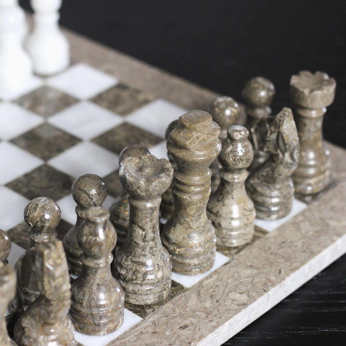 Marble Chess Set with Storage Case - Oceanic and White