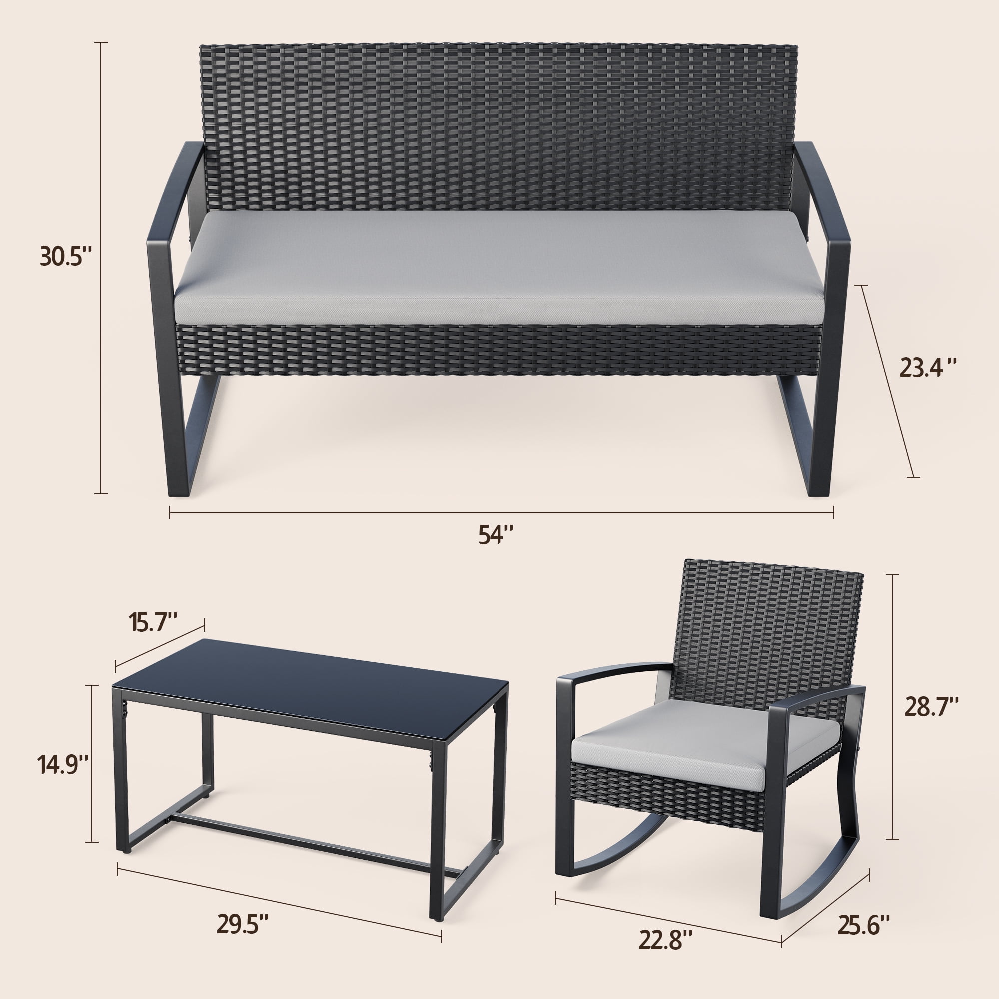Lofka Outdoor Patio Furniture Set with Rocking Chairs and Tempered Glass Table for Balcony, Garden & Bistro in Gray, Rattan & Metal