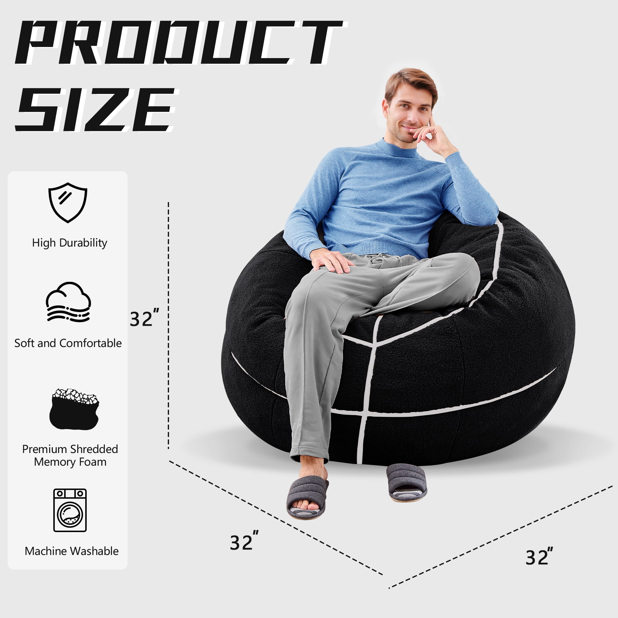XIECUVA Bean Bag Chair for Adults, High-Rebound Memory Foam Beanbag Chairs with Removable Cover for Living Room Bedroom, 32 Inches