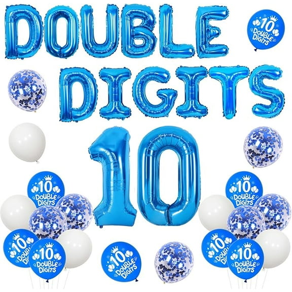 10th Birthday Decorations for Boys Blue, Double Digits 10th Birthday Balloons, Number 10 Balloons, 10 Year Old Birthday Party Supplies