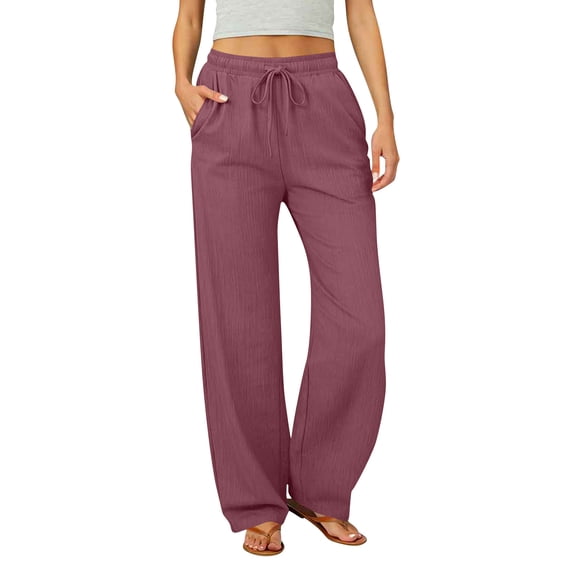 UAMVSH Women's Plus Size Linen Pants with Pockets Comfy Drawstring Elastic Waist Pants Breathable Casual Pleated Wide Leg Trousers