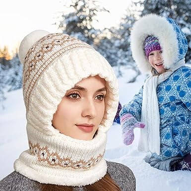 3 in-1 Beanie Hat for Women, Womens Balaclava Winter, Cold Knitted Hats Thick Fleece Lined Winter Scarf Hat with Maske for(Creamy)(XX)