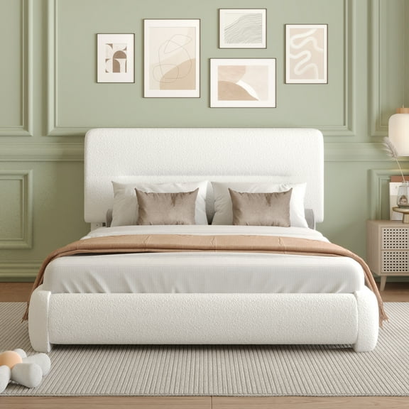 Full Size Boucle Bed Frame, Upholstered Platform Bed Frame with Adjustable Headboard, Anti-Collision Soft Rounded Corners, No Box Spring Needed, Easy Assembly, Noise Free, White