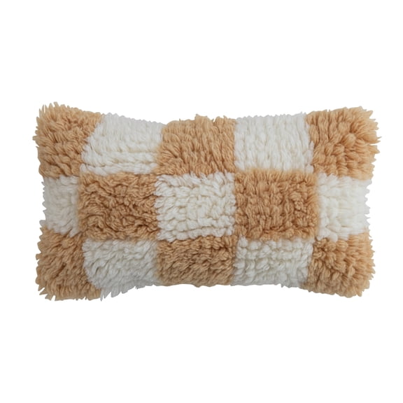 Creative Co-Op Hand-Woven New Zealand Wool and Cotton Shag Lumbar Pillow with Cotton Back, Cream and Tan Color Check