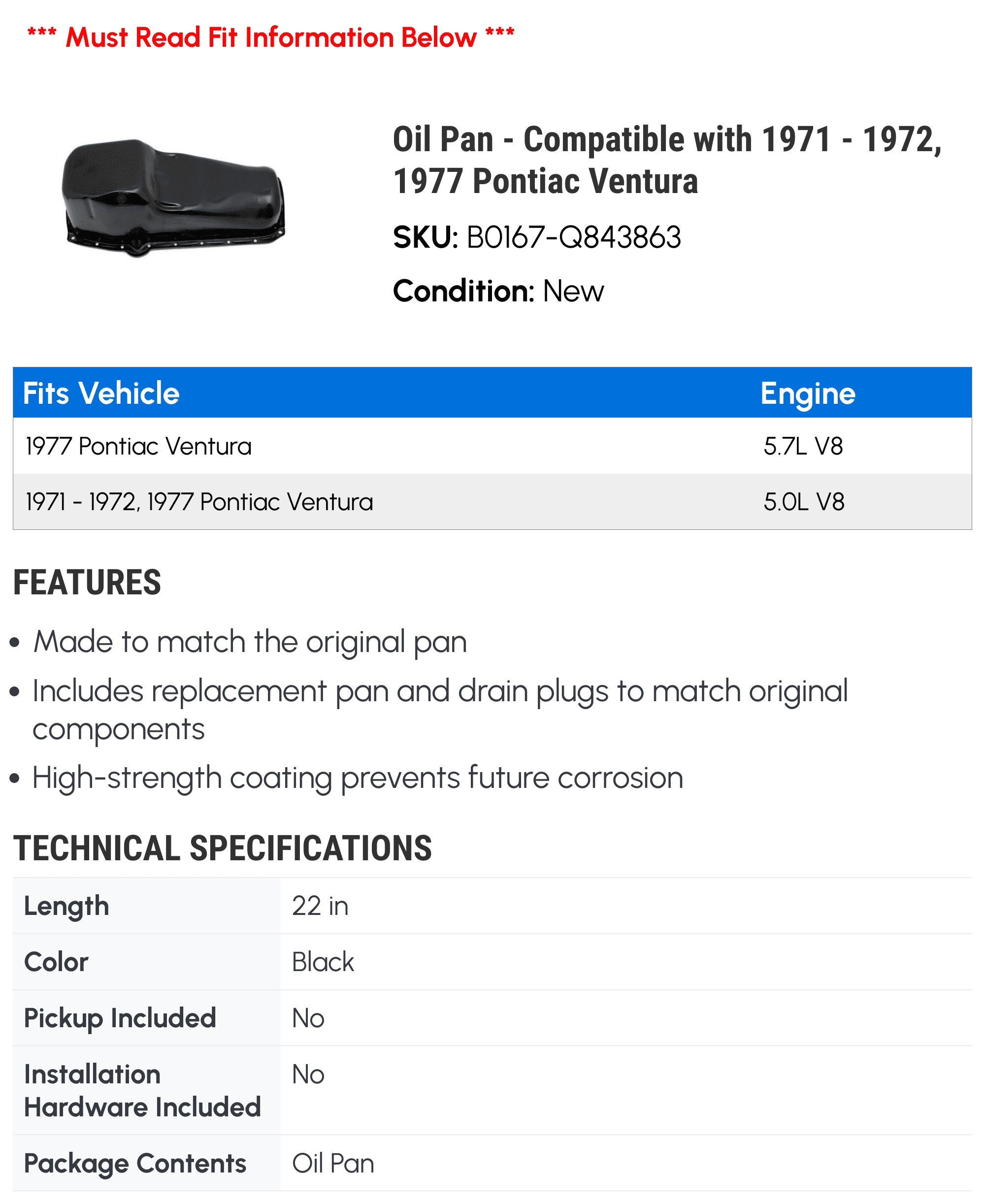 Oil Pan - Compatible with 1971 - 1972, 1977 Pontiac Ventura - Dorman