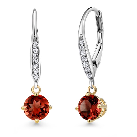 Gem Stone King 925 Silver and 10K Yellow Gold Red Garnet and Lab Grown Diamond Dangle Earrings for Women | 1.10 Cttw | Gemstone January Birthstone | Round 4.5MM