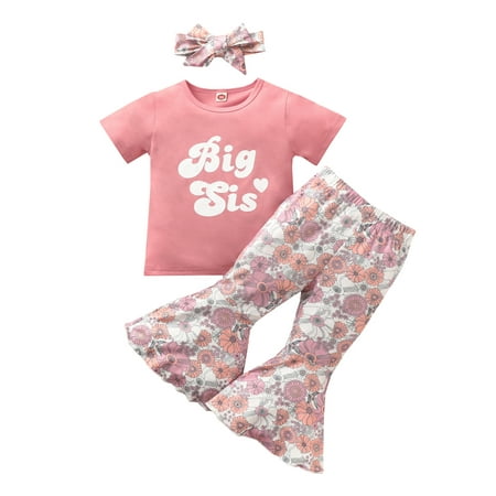 

Bagilaanoe Toddlers Baby Girl Summer 3Pcs Pants Set 1-6 Years Letters Print Short Sleeve Tops + Floral Printed Flared Trousers/Ruffled Shorts + Hairband