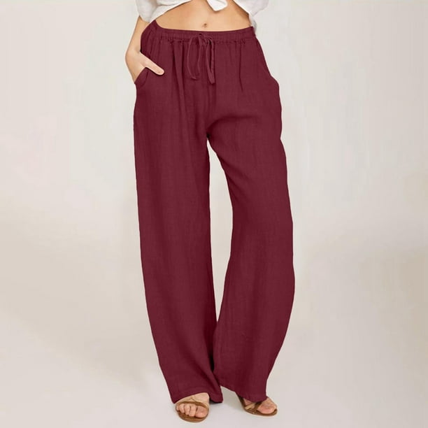 WILLBEST Pantalones Casuales de Mujer, Pantalones Anchos, Cintura Larga, Cordón Ajustable, Lino, Elásticos, Pierna Lisa, Cómodos para Uso Diario. XXXL