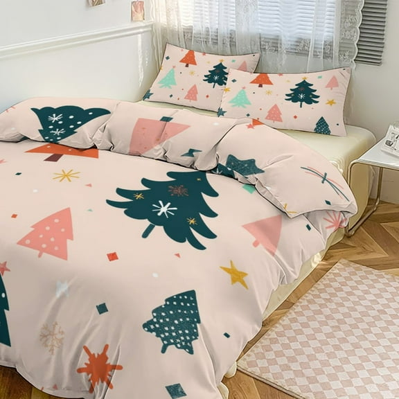3PCS Snowman Christmas Tree Elk Duvet Cover Set Twin, 1 Duvet Cover And 2 Pillowcase, Duvet Cover for Kids Girls Boys And Teens