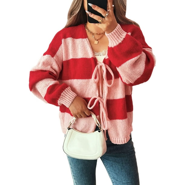 Chaqueta de Punto Holgada Informal con Cuello en V y Larga para Mujer, Cárdigan de Punto con Cordones y Rayas en Contraste. Rojo L