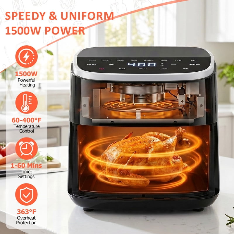 Parcus 4QT See-Through Window Air Fryer – 1500W Digital Touchscreen, 8 Cooking Modes, 60-Min Countdown Timer, Safety Auto Shut-off, Effortless-Clean Nonstick Basket, Up to 400°F – Black
