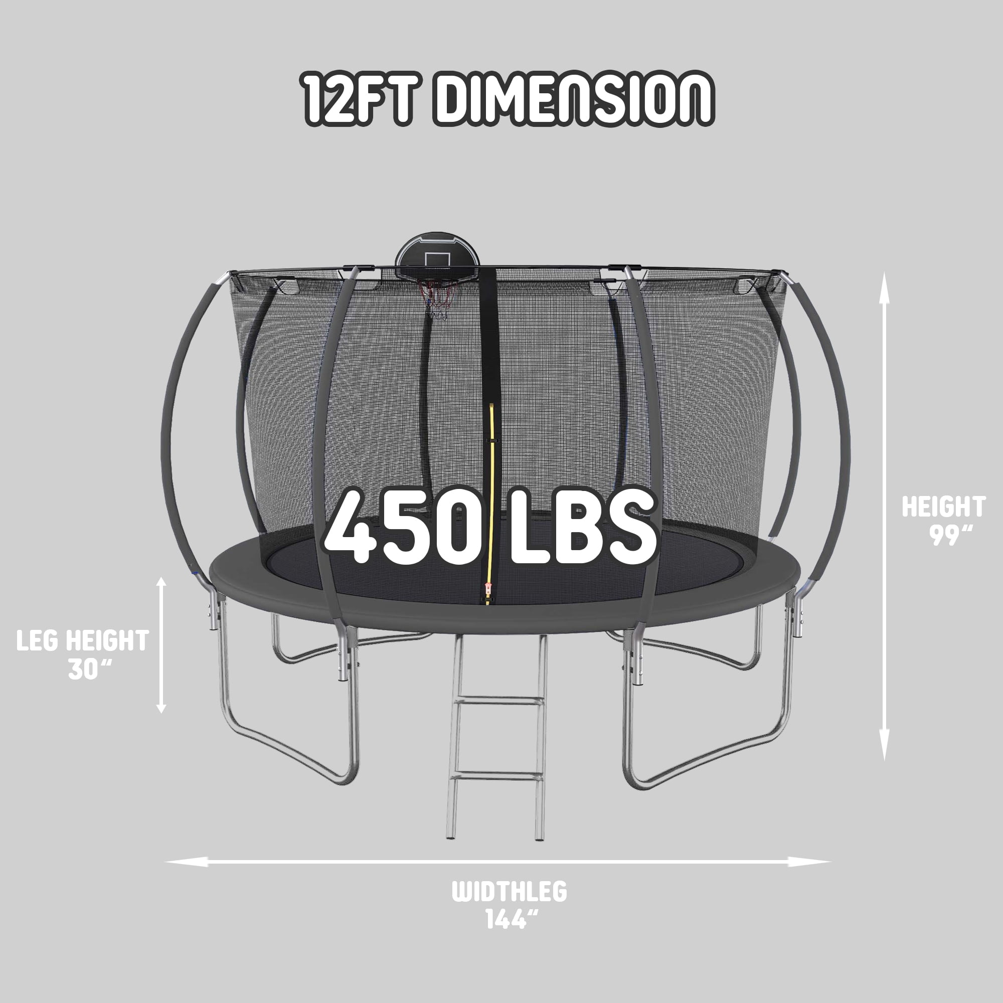 Shengchao Trade 1000LBS 12FT Trampoline for Adults and Kids,Trampoline with Enclosure,Basketball Hoop, Light,Recreational Trampoline with Ladder, Heavy Duty Trampoline Capacity for 4-6 Kids