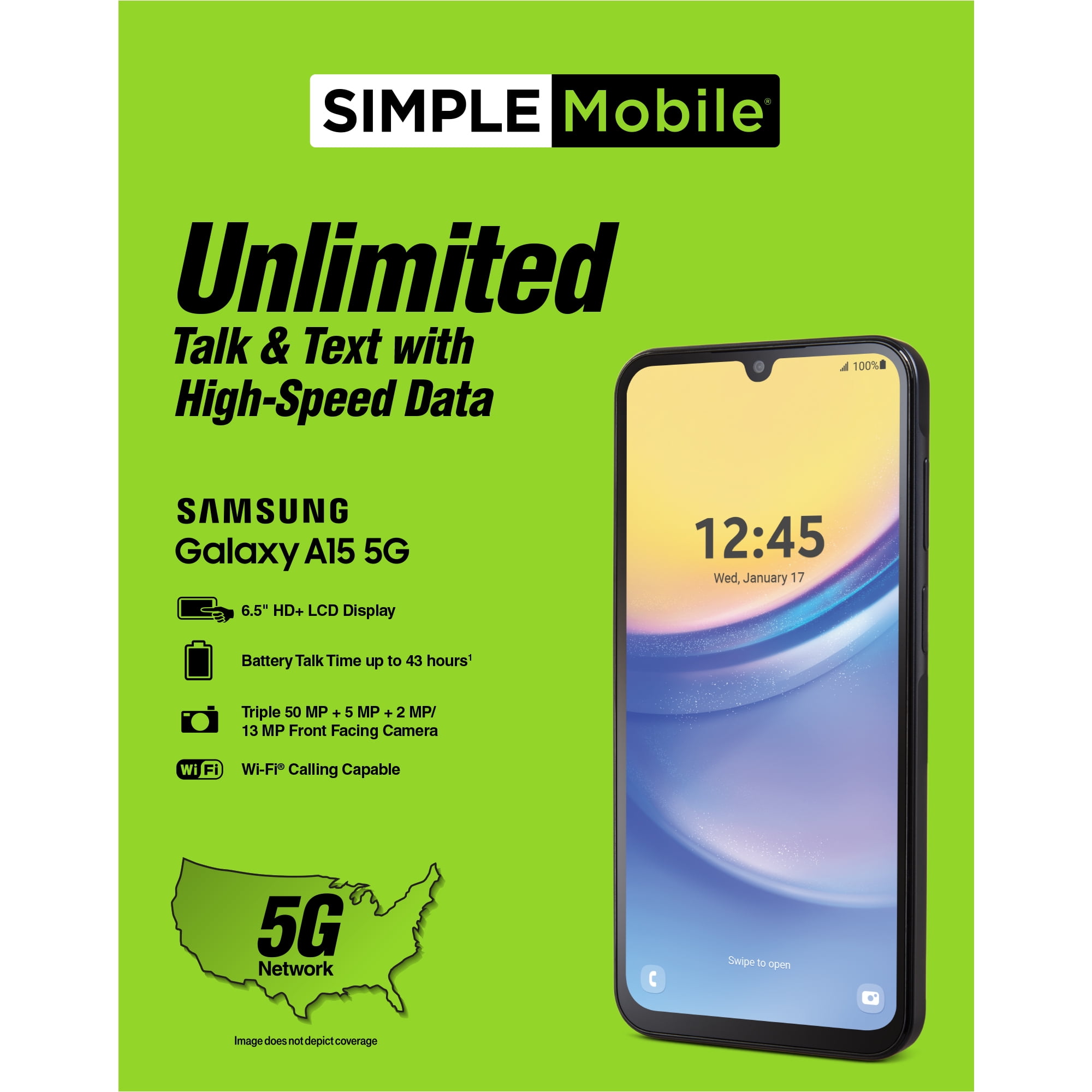 Simple Mobile Samsung Galaxy A15, 128GB, Black - Prepaid Smartphone [Locked to Simple Mobile]