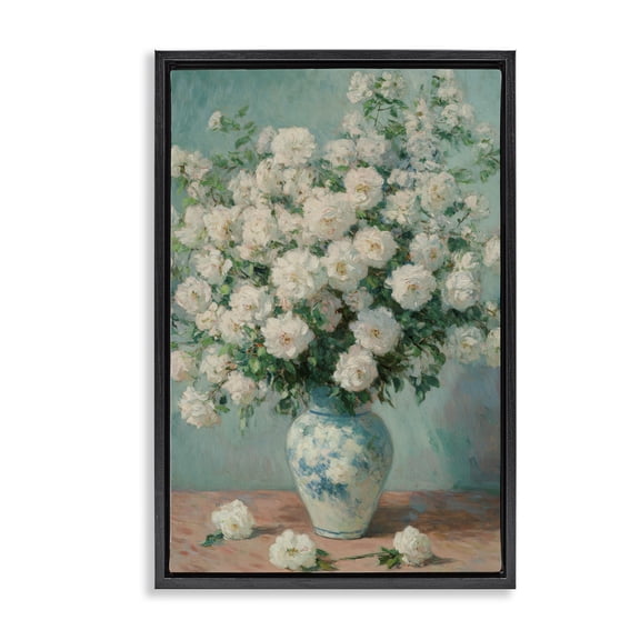 Stupell Industries Cottage Lush Bouquet of White Roses Black Floating Frame Canvas Art, 17 x 25, by Petals Prints Design
