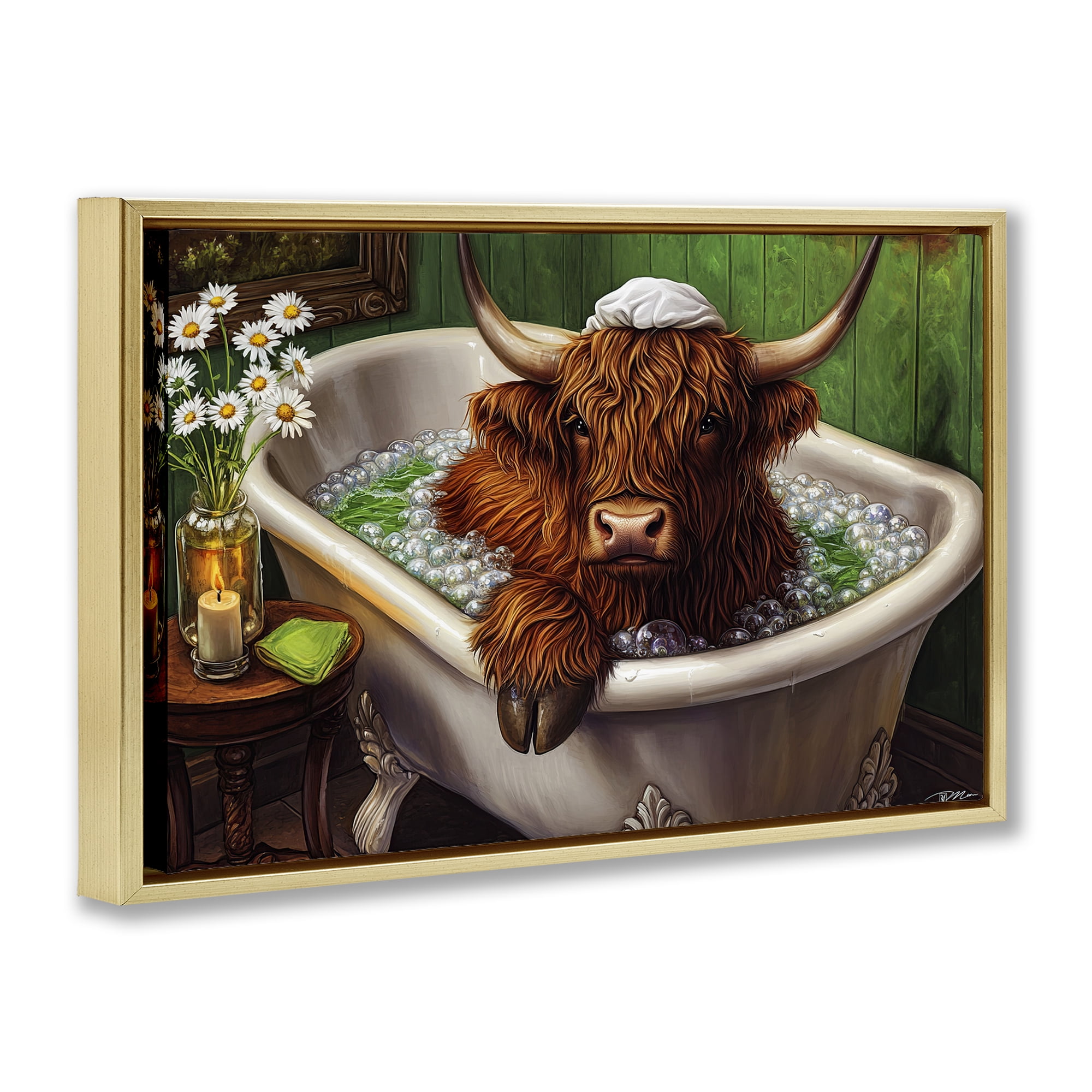 Highland in Candle Lit Bubble Bath Gold Framed Floater Canvas Wall Art, design by Momart