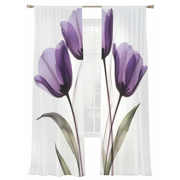 Sheer Curtains 84 inches Long 2 Panels Set Transparent Effect Floral Delicate Purple Tulip Sheer Window Curtain Rod Pocket Voile Drapes for Living Room/Bedroom, Each 52" W x 84" L