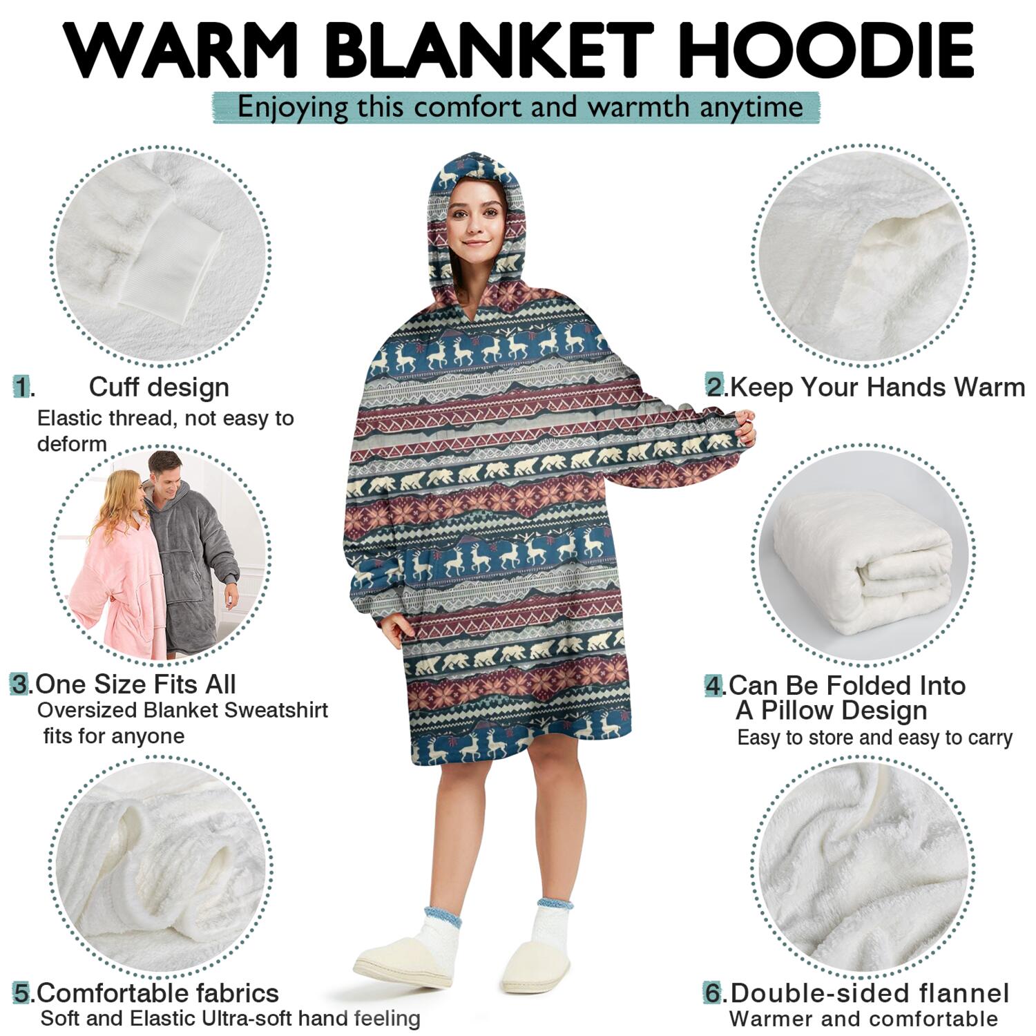 Wearable Oversized Blanket,Multicolor Christmas Reindeer Pattern Wearable Blanket Hoodie for Adults,Cozy Hooded Blankets with Super Pockets,Super Warm Fuzzy Pullover for Women & Men