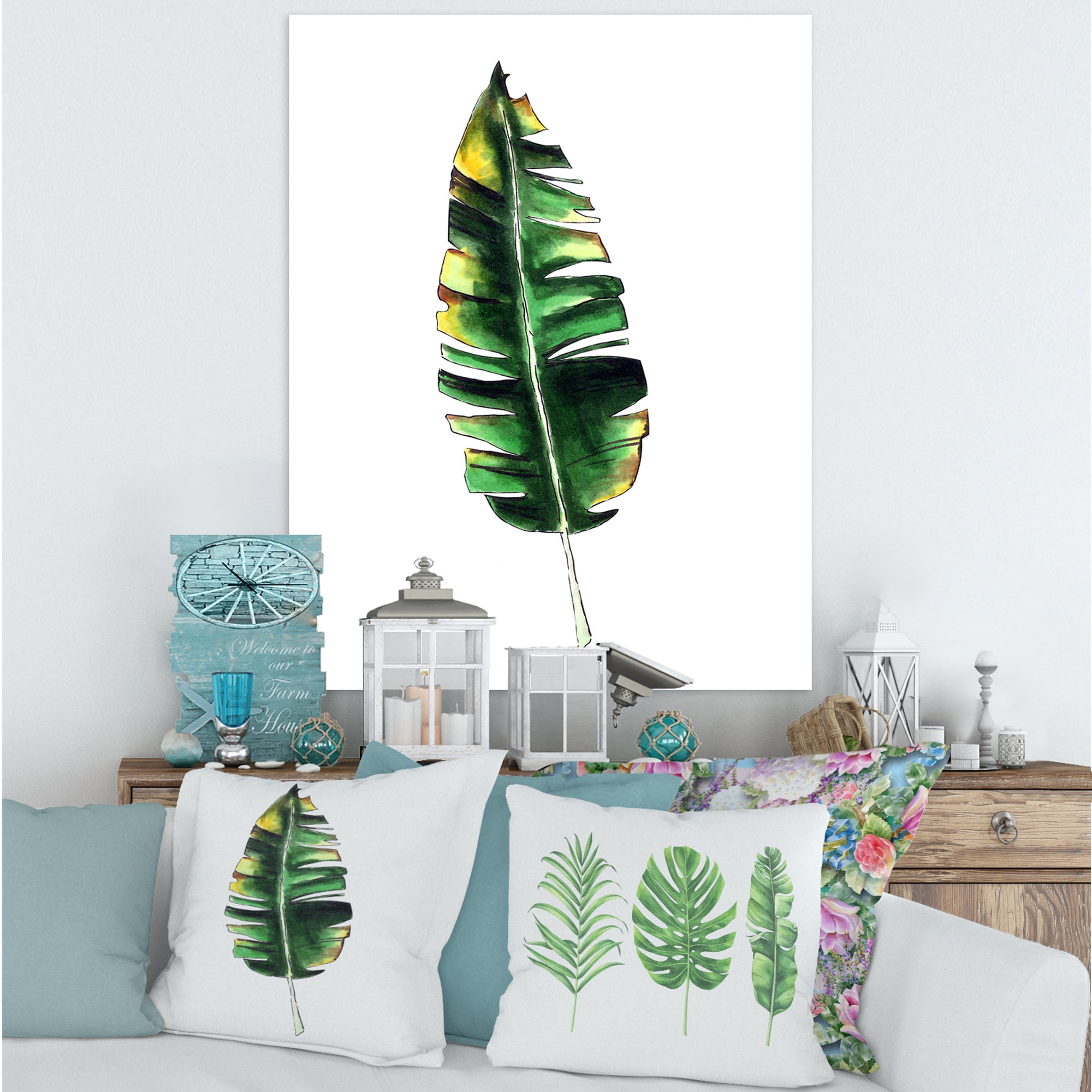 Designart ' Single Banana Leaf On White ' Bohemian & Eclectic Canvas Wall Art Print