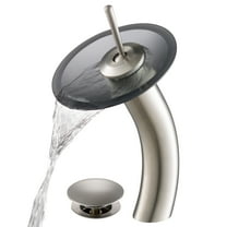 KRAUS Tall Waterfall Bathroom Faucet for Vessel Sink with Frosted Black Glass Disk and Pop-Up Drain, Satin Nickel Finish