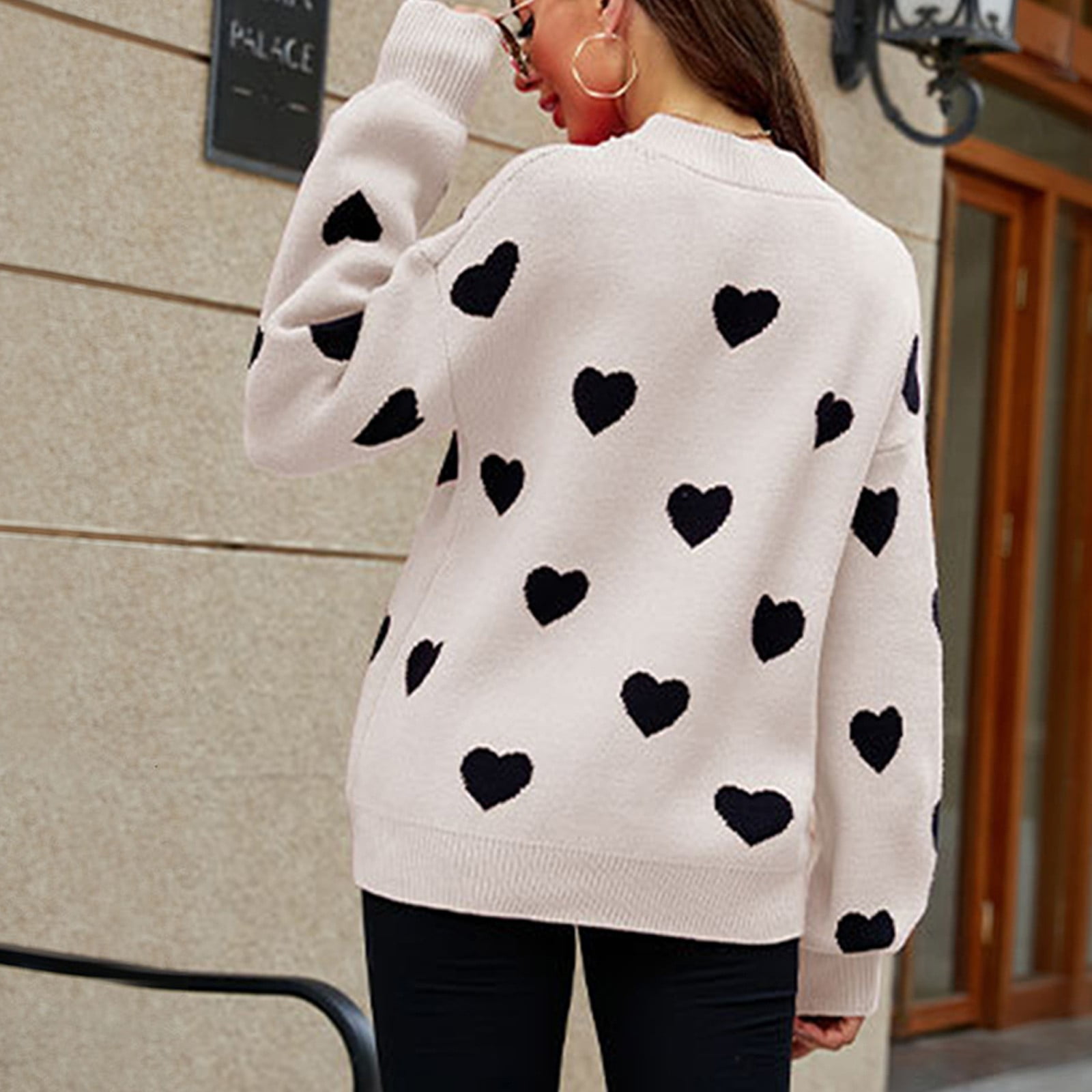 Women's Fashionable Round Neck Long Sleeved Color Blocked Love Casual Pullover Sweater Top for Halloween Fall Winter Spooky Season,Beige,S