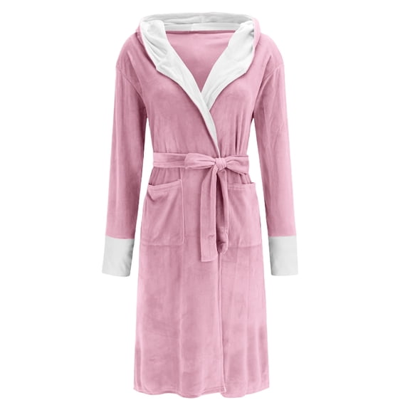 Lovskoo Plush Robes for Women Robe Long Sleeve Fuzzy Fluffy Soft Warm Fleece Hooded Bathrobe S-5XL Pink