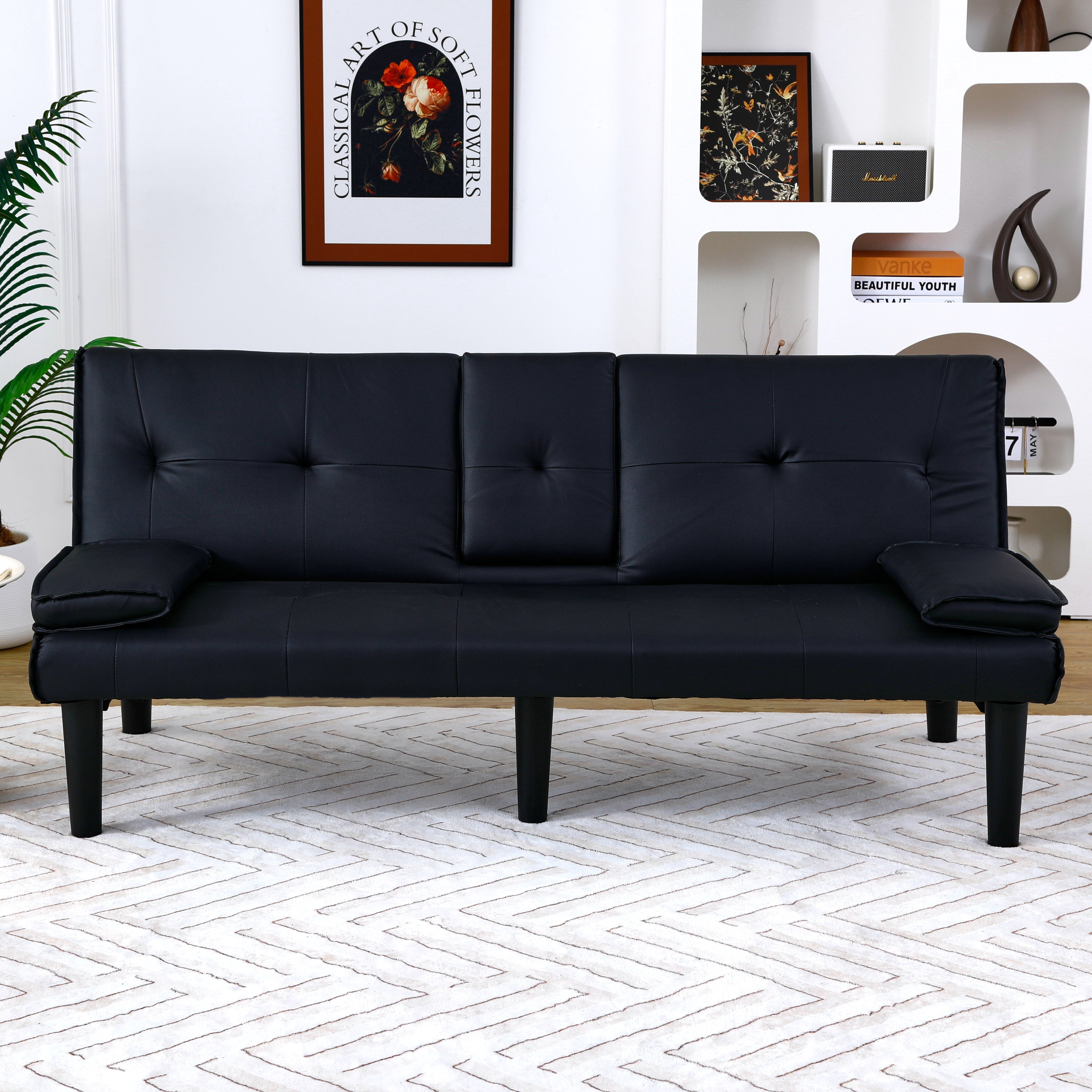 BSHTI 67-inch Foldable Futon Sleeper with S-Spring Support, 2-Seater Convertible Sofa Bed, PVC Faux Leather, Simple Assembly, Black