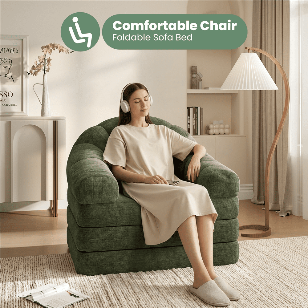Renwick 2-in-1 Convertible Sofa  Bed Folding Sleep Chair Bed Chenille Sofa with Armrests  for Living Room and Bedroom, Green