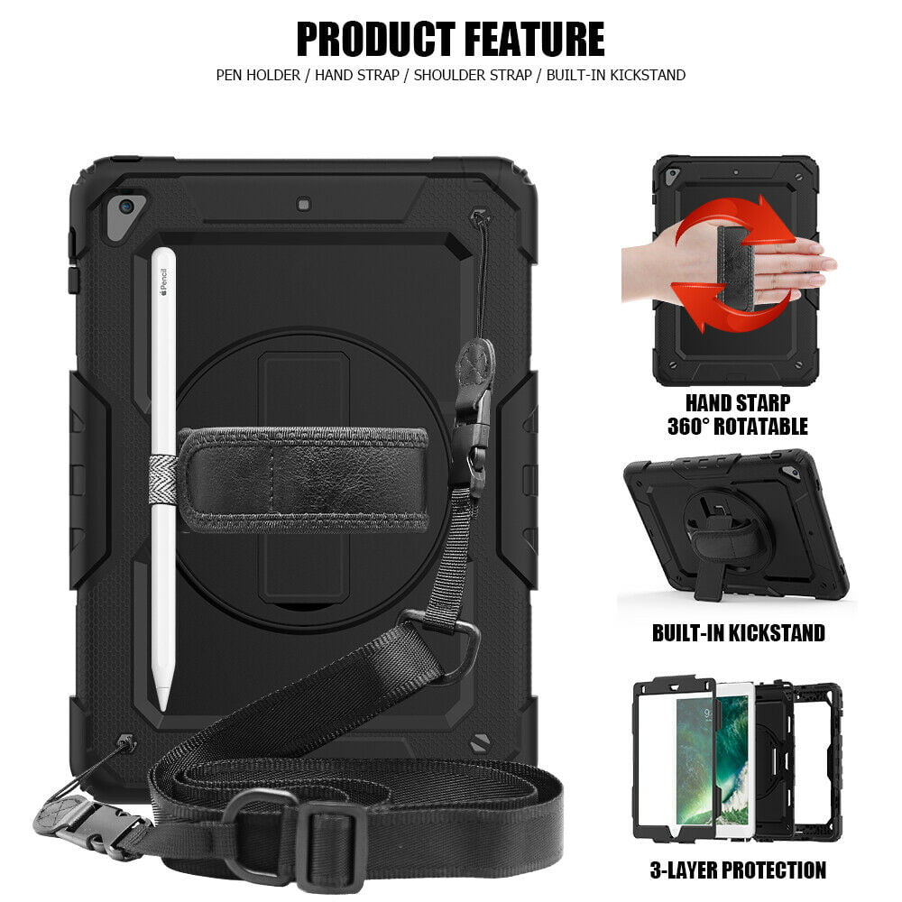 Black iPad 9th Generation Case 2021 Rugged 3 Layer Shockproof Military Grade Case with 360 Degree Rotating Stand Hand/Shoulder Strap for iPad 9th Generation 10.2 Inch 
