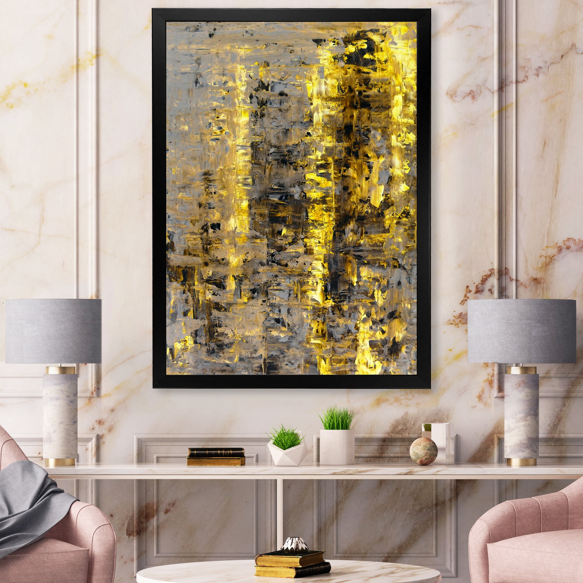 Designart 'Grey Meets Yellow Abstract Art II' Modern Framed Art Print