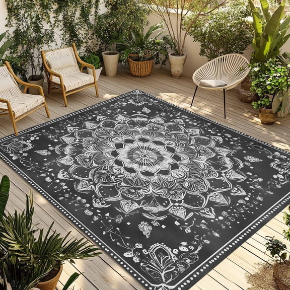 Fsddascl Boho Black Flowers Outdoor Rug for Patio/Deck/Porch, Non-Slip Large Area Rug 4 x 6 Ft, Abstract Vintage Ethnic Floral Indoor Outdoor Rugs Washable Area Rugs, Reversible Camping Rug Carpet