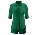 thumbnail image 4 of Htigea Women's Summer Two Piece Sets Short Sleeve Button Down Shirts Drawstring Shorts Linen Outfits Casual Beach Wear Green S, 4 of 5
