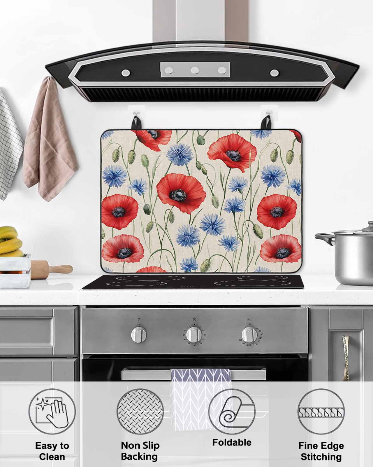 nqOlkjepod Large Induction Cooktop Protector Mat 36"x21", Red Poppy Flower Stove Top Covers for Electric Stove, Blue Daisy Floral Patriotic 4th of July Stove Burner Cover Mats, Glass Top Stove Cover
