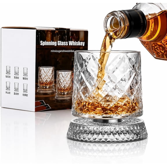 Spinning Whiskey Glasses, 360° Rotating Crystal Whiskey Tumblers | 360° Rotating Whiskey Glasses with Crystal Tumblers, Heavy Base Design for Bourbon, Scotch, Cocktails and Whiskey Lover Gifts