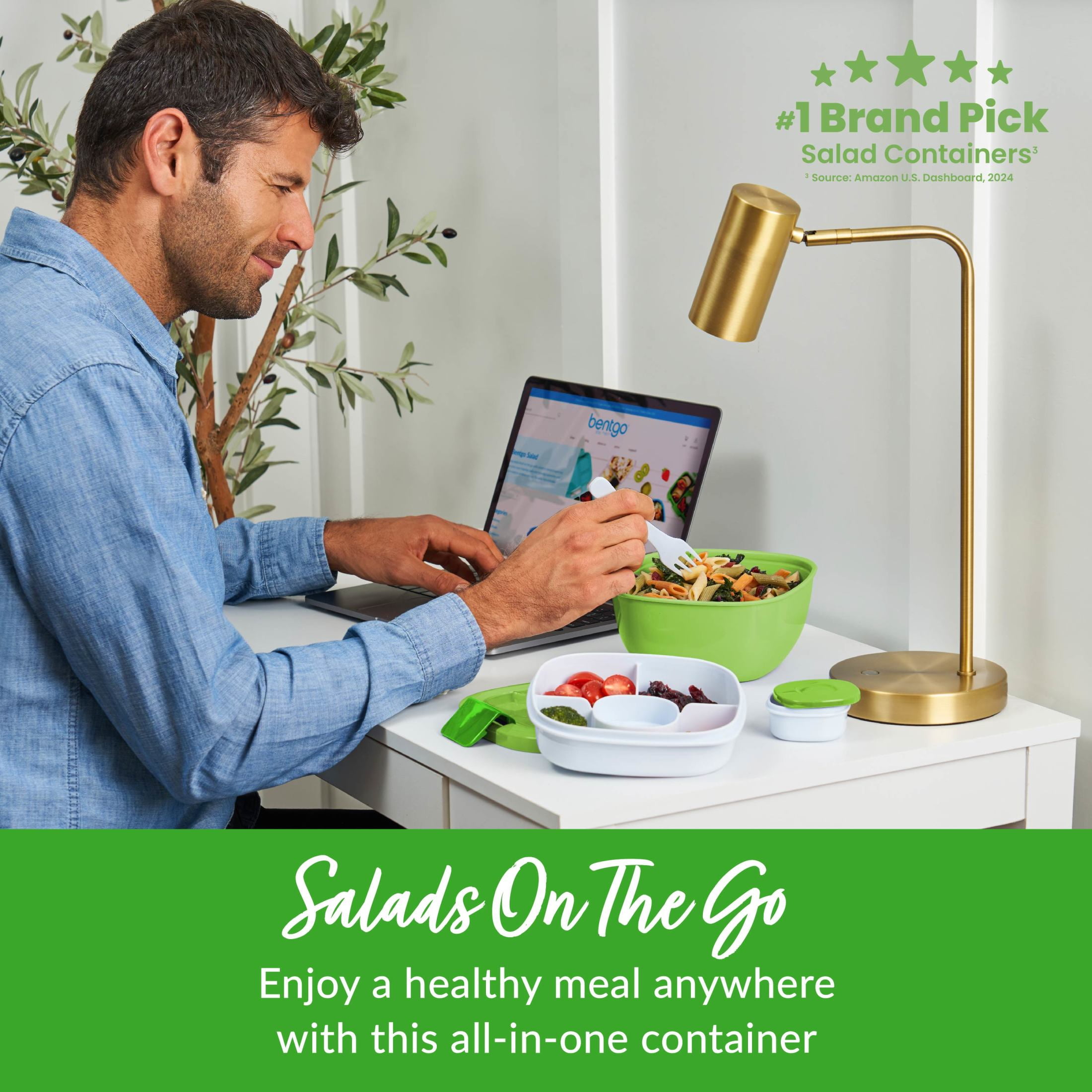 Bentgo Salad Container - 6.75 cup Bowl with 4-Compartment Toppings Tray, Leak-Proof Dressing Container, Reusable Fork, BPA-Free Lunch Box for Meal Prep & Food Storage; Removable Bento Tray (Green)