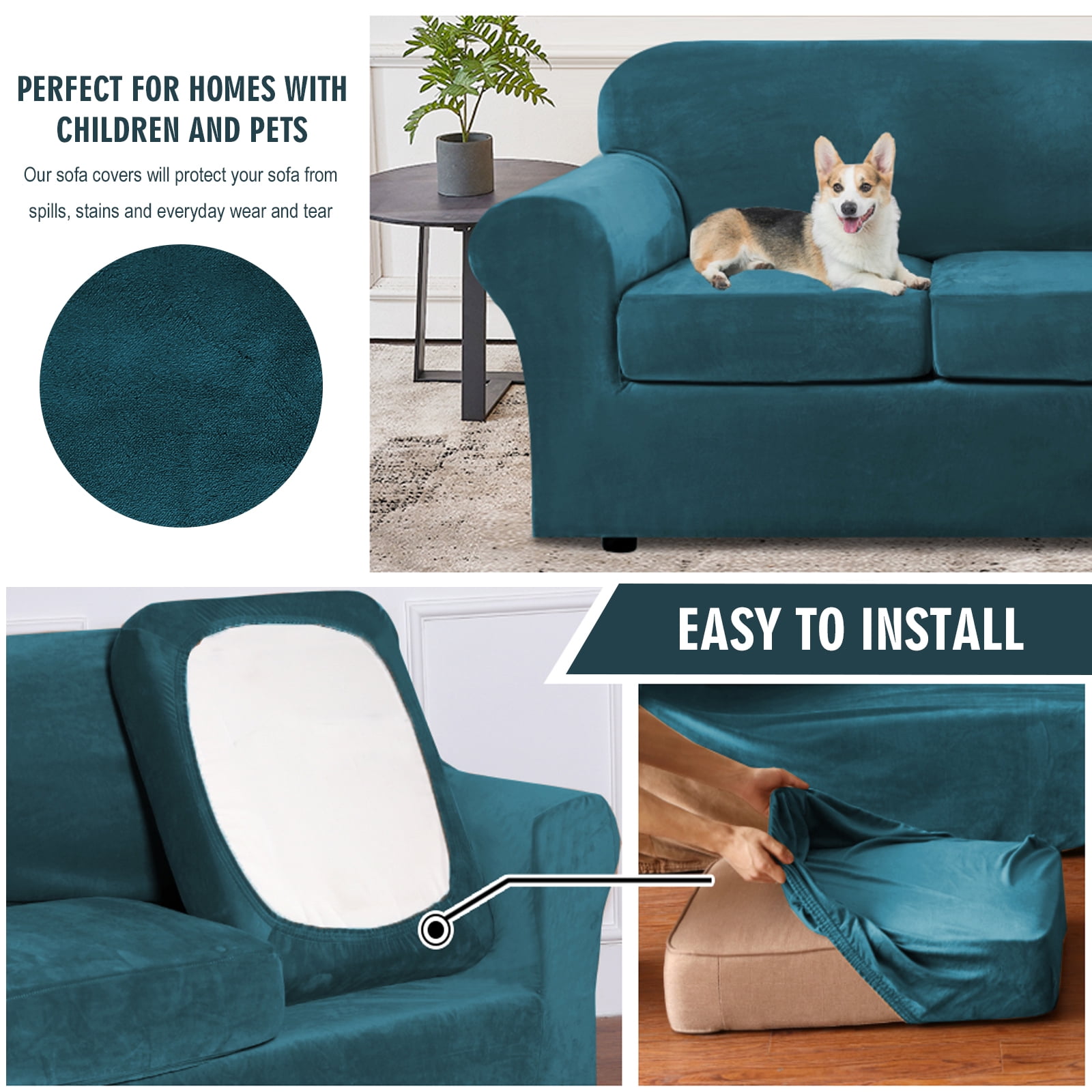 SHANNA Sofa Covers Stretch Velvet Couch Covers with Seperate Seat Cushion Covers, Armchair /Loveseat / Sofa Slipcovers (Dark Green, Armchair Cover)