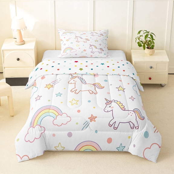 Manfei Dreamy Unicorn Twin Comforter Sets,Pretty Floral Bedding Set,Purple Pink,Polkadot Reversible,2pcs,1 Comforter and 1 Pillowcase