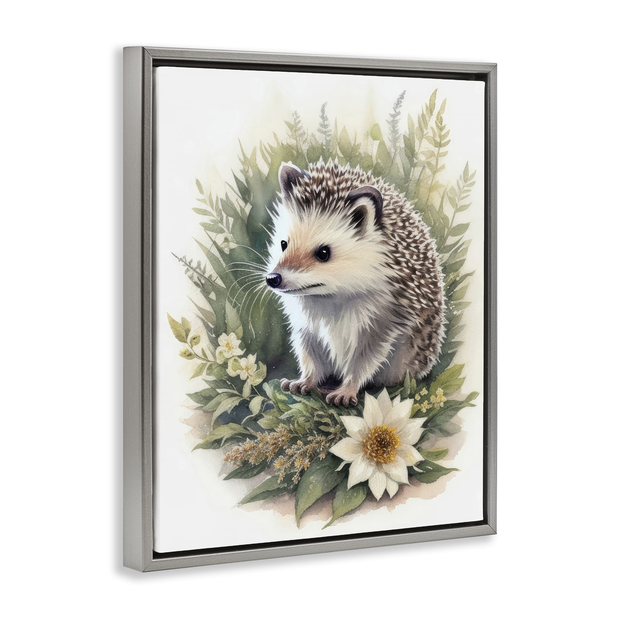 Stupell Industries Hedgehog & White Flower Animals & Insects Painting Gray Floater Framed Canvas Art Print Wall Art, 17 x 21