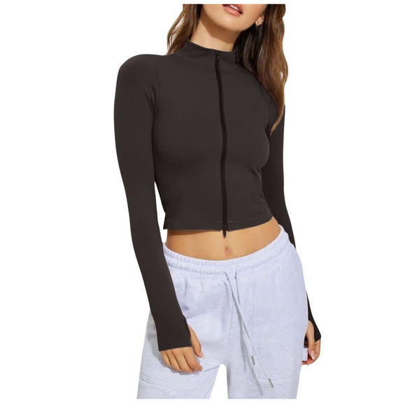 Oplxuo Womens Slim Fit Cropped Workout Yoga Tops Lightweight Zip Up Athletic Jacket Casual Long Sleeve Going Out Tight Shirts