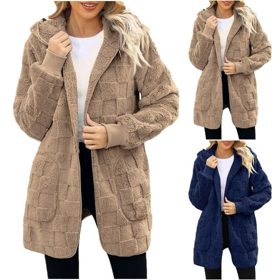 Swuxness Women's Fleece Hooded Jacket, Women Long Sleeve Coat, Women's Solid Color Comfortable Warm Lightweight Soft Long Jacket for Ladies Khaki, XXXXXL