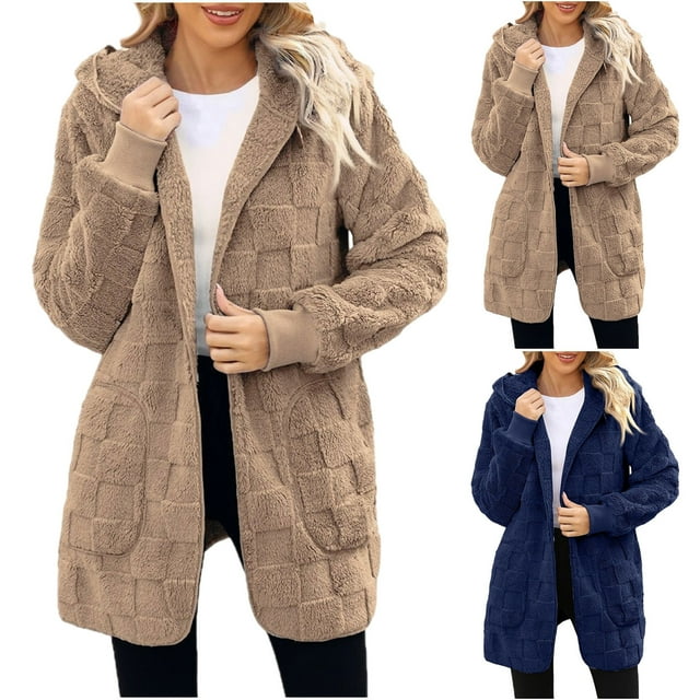 Qetyuw Womens Fuzzy Fleece Jacket Winter Warm Sherpa Open Front Hoodies Plus Size Solid Soft Outwear with Pockets