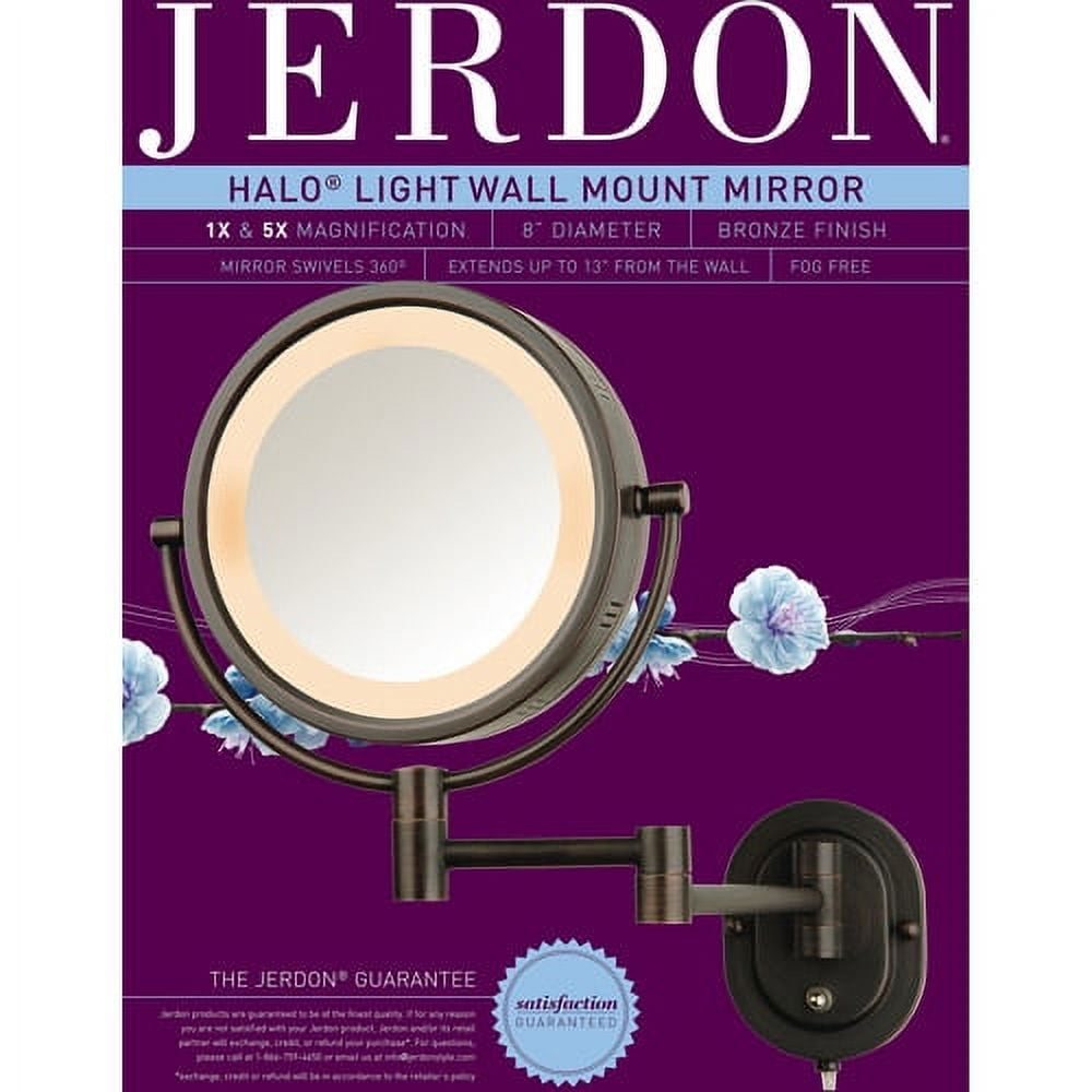 Jerdon HL65BZ 8-Inch Lighted Wall Mount Makeup Mirror with 5x Magnification,  Bronze Finish