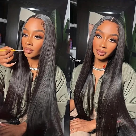 Stylish natural black mid-parting long straight hair full-head wig with front lace trim
