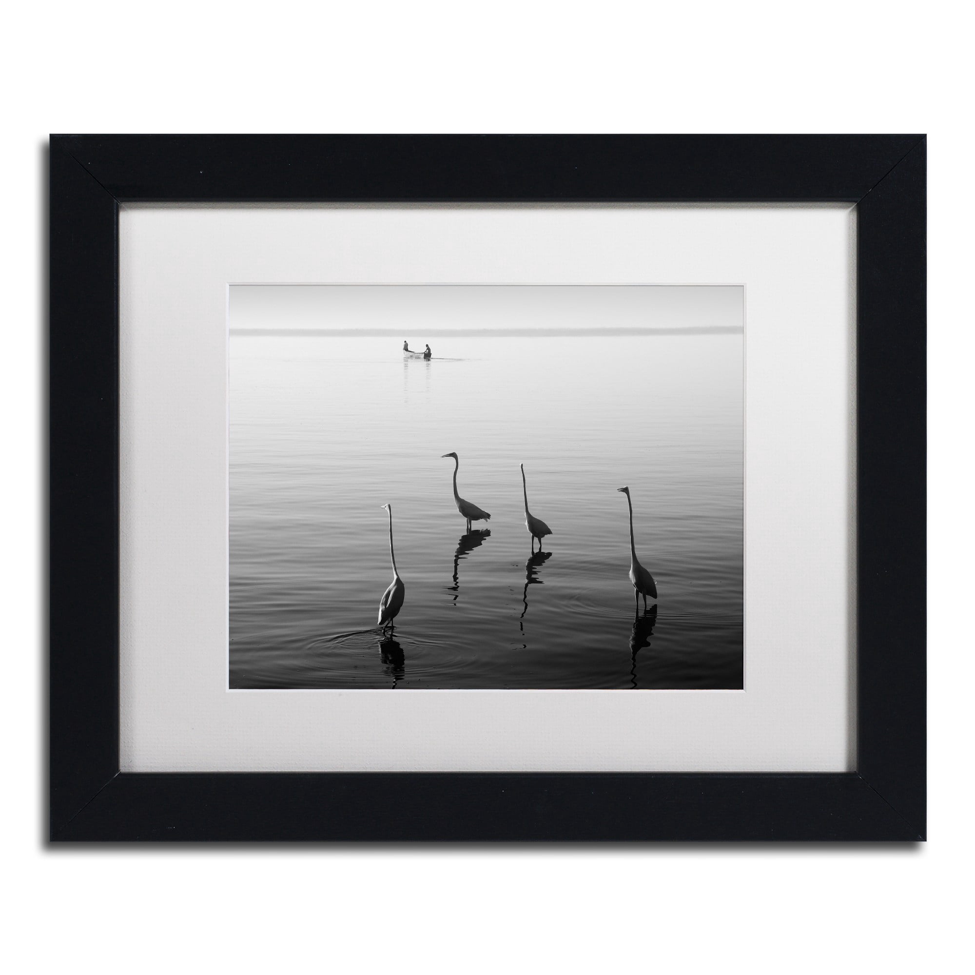 Trademark Fine Art "4 Herons and Boat" Canvas Art by Moises Levy White Matte, Black Frame