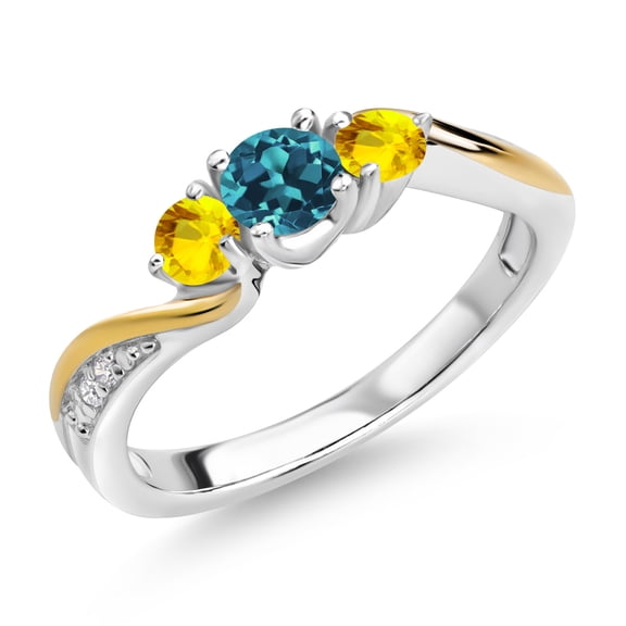 Gem Stone King 925 Silver and 10K Yellow Gold London Blue Topaz Yellow Sapphire and White Lab Grown Diamond 3 Stone Engagement Ring for Women (0.63 Cttw, November Birthstone, Size 9)